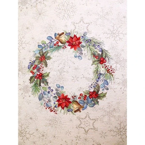 Скатерть новогодняя 140*220см гобелен ЕЛОЧНЫЕ УКРАШЕНИЯ зеленый бордюр золотой люрекс