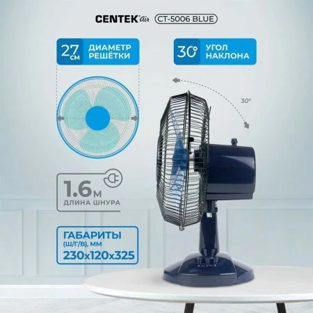 Вентилятор настольный пластик Centek CT-5006 голубой 25Вт, решетка-сетка 23см, 2 скорости (1)