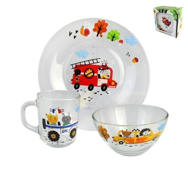 Набор детской посуды 3пр (тарелка, миска, стакан) стекло СПЕЦТЕХНИКА (4)