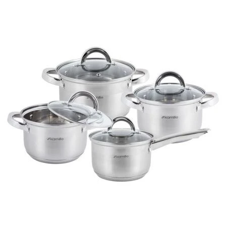 Набор посуды 8пр (ковш 1,8л, кастрюли 2,5/3,8л/5,8л) нерж.сталь стекл.крышки полые ручки арт. 5632S (2) Набор посуды 8пр (ковш 1,8л, кастрюли 2,5/3,8л/5,8л) нерж.сталь стекл.крышки полые ручки арт. 5632S (2)