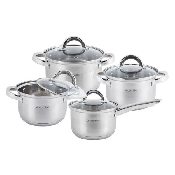 Набор посуды 8пр (ковш 1,8л, кастрюли 2,5/3,8л/5,8л) нерж.сталь стекл.крышки полые ручки арт. 5632S (2) Набор посуды 8пр (ковш 1,8л, кастрюли 2,5/3,8л/5,8л) нерж.сталь стекл.крышки полые ручки арт. 5632S (2)