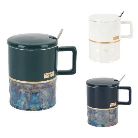 Кружка 380мл фарфоровая с крышкой и ложкой Happiness 3 вида подар.уп. (60)