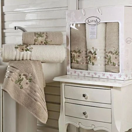 яяяНабор полотенец 3пр 50*90*2/70*140 махровые Karna ROSEN (Бежевый)