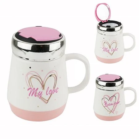 Кружка 500мл 14*11*13,5см фарфор с контейнером в крышке 4 вида (60)