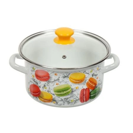 Кастрюля 3л эмаль ЦВЕТНОЕ ПЕЧЕНЬЕ цилиндрическая об. со стекл.крышкой бел с рис. 42304-122/4.02-У (4)