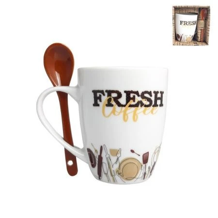 Кружка 340мл фарфор с ложкой бочка Coffeeёк MIX R03H/1945J (36)