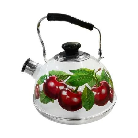 Чайник со свистком 2,5л эмаль ВИШНЕВЫЙ САД подвиж.ручка белая (декор нерж.) (4)