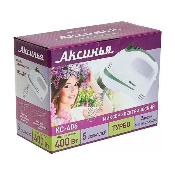 Миксер нерж.сталь/пластик АКСИНЬЯ КС-406 бело-зеленый 400Вт, 5 режимов скорости, режим Турбо (12) Миксер нерж.сталь/пластик АКСИНЬЯ КС-406 бело-зеленый 400Вт, 5 режимов скорости, режим Турбо (12)