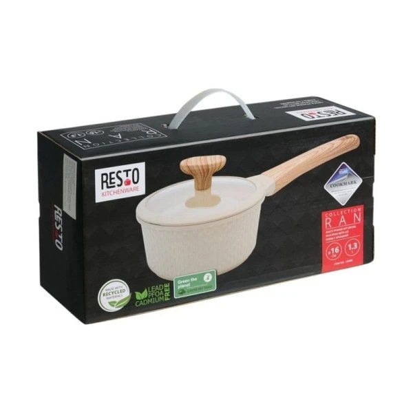 Ковш 1,3л h7,9см алюминий АП RAN со стекл.крышкой и силик.ободком 16см индукция бежевый (6)