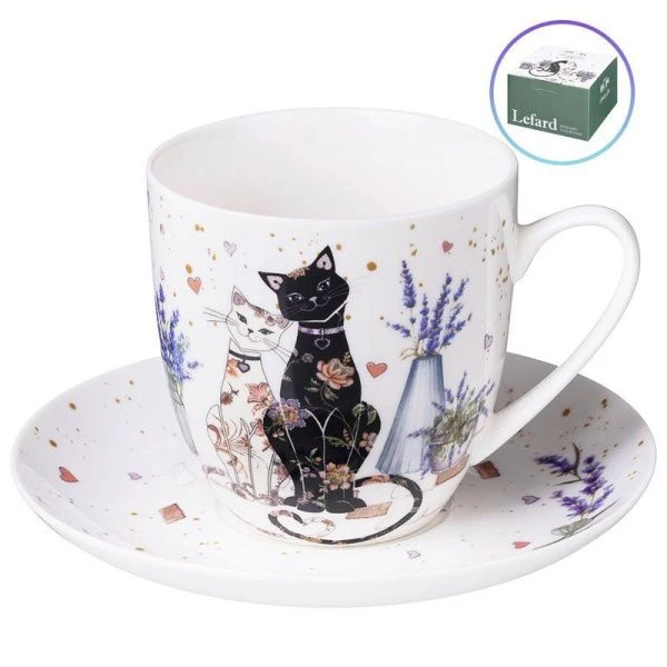 Чайный набор 2пр фарфор ЛАВАНДОВЫЕ КОТЫ на 1 персону 350мл (24)