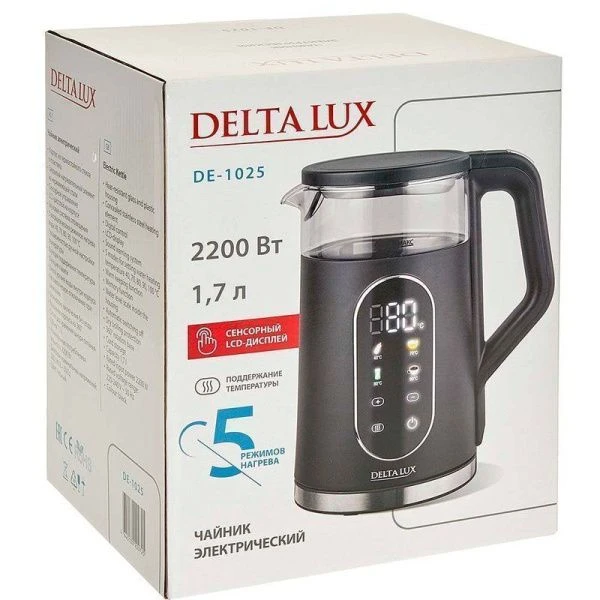 Чайник электрический 1,7л стекло 2200Вт DELTA LUX DE-1025 LCD дисплей, черный (6)