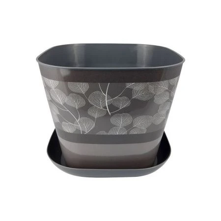 ЯЯЯКашпо квадратное пластик 7,3л с поддоном Листопад темно-серый (11) ВЫВОД