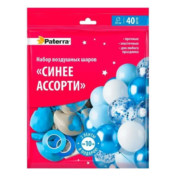 Шар воздушный латекс 30см разноцветные (набор 40шт+2 ленты*10м) Синее ассорти PATERRA (10)