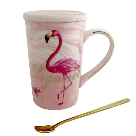 Кружка 280мл фарфор МРАМОР ФЛАМИНГО розовая с крышкой и ложкой HJ604-R (60)