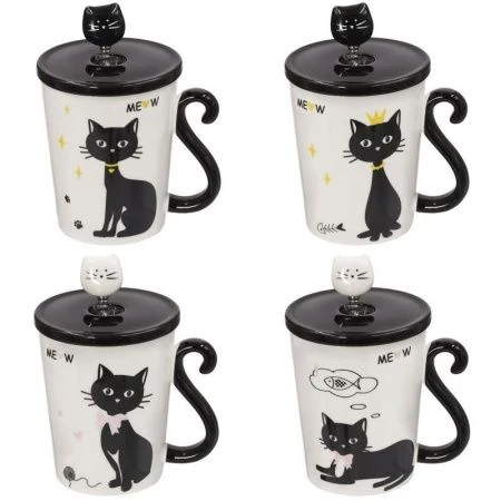 Кружка 300мл фарфор КОТЫ с крышкой и ложкой 10,5*8,5*10,5см, 4 вида подар.уп. (60)