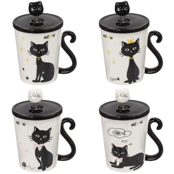 Кружка 300мл фарфор КОТЫ с крышкой и ложкой 10,5*8,5*10,5см, 4 вида подар.уп. (60)