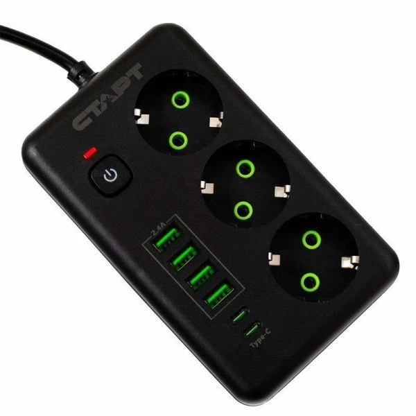 Колодка компактная на 3 розетки пластик 1,5м 10А, 4USB-A, 2USB-C СТАРТ черный (20)