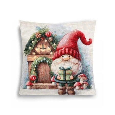 Наволочка декоративная новогодняя 44*44см гобелен ГНОМЫ Домик деревянный серебряный люрекс