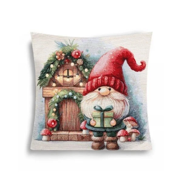 Наволочка декоративная новогодняя 44*44см гобелен ГНОМЫ Домик деревянный серебряный люрекс
