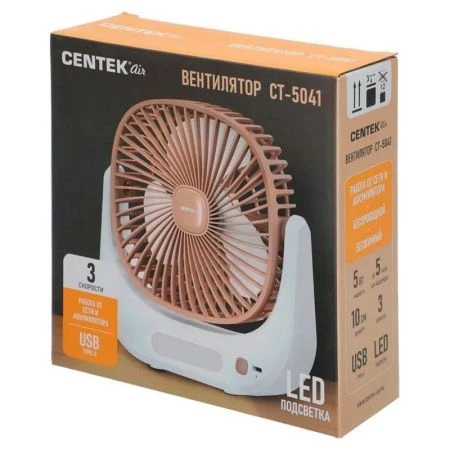 Вентилятор настол. беспроводной Centek CT-5041 5Вт d10 см 3 скор. USB-кабель Type-C LED подсве (40)