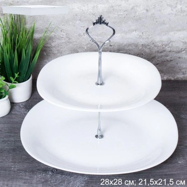 Этажерка 2-х ярусная стеклокерамика 21,5/28см ф. квадрат белая Sq-2/LFP85/110BG (12)