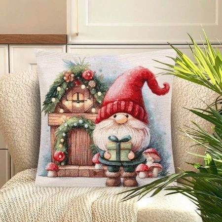 Наволочка декоративная новогодняя 44*44см гобелен ГНОМЫ Домик деревянный серебряный люрекс