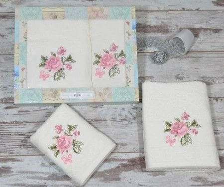 яяяНабор полотенец махровые Karna FLORI (50*90/70*140) (Кремовый)