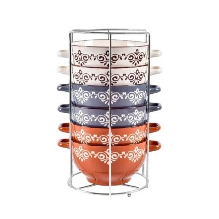 Бульонницы набор 6шт 650мл керамика ОРНАМЕНТ на мет.подставке (4)