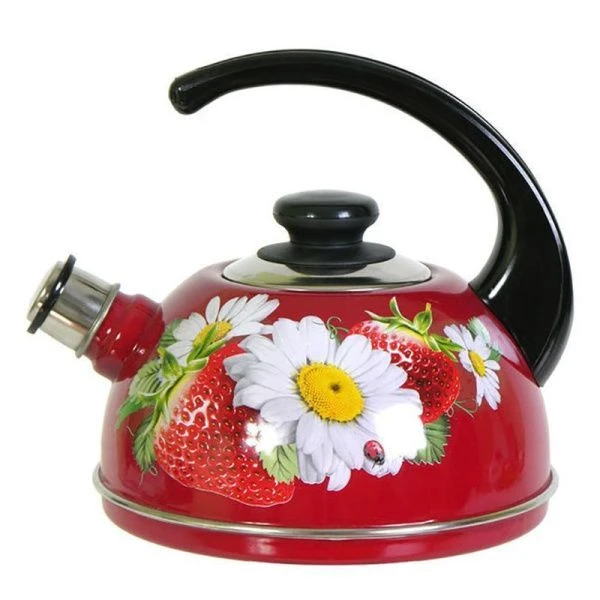 Чайник со свистком 2,5л эмаль КЛУБНИКА С РОМАШКОЙ бордо декор нерж (4)