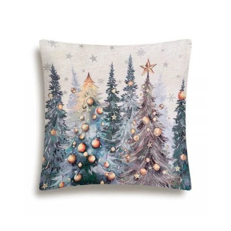 Наволочка декоративная новогодняя 44*44см гобелен ЕЛИ ТИВОЛИ серебряный люрекс