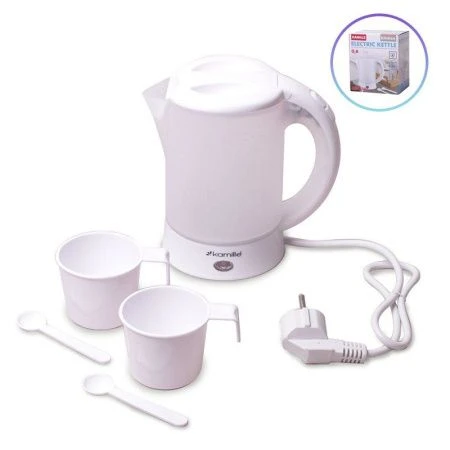 Чайник электрический 600мл пластик c 2 чашками и 2 ложками матовый белый, арт.1718A (24)