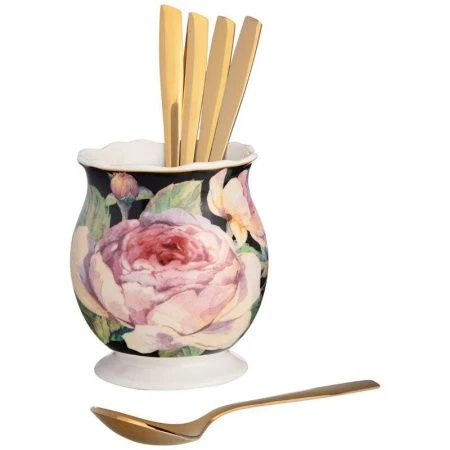 Подставка под чайные ложки 9см фарфор ВИНТАЖ.ПИОНЫ черная (36)