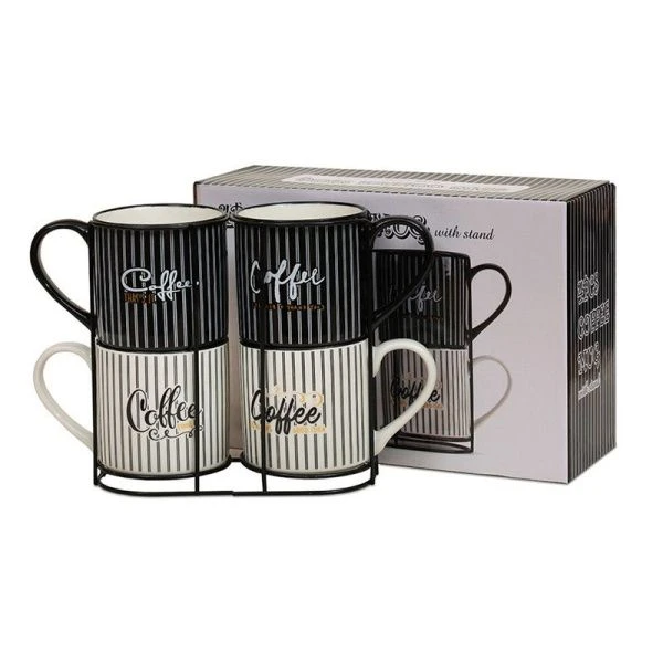 Кружки набор 4пр 250мл фарфор КОФЕЧАША на мет.подставке  BR398/2911P (8)