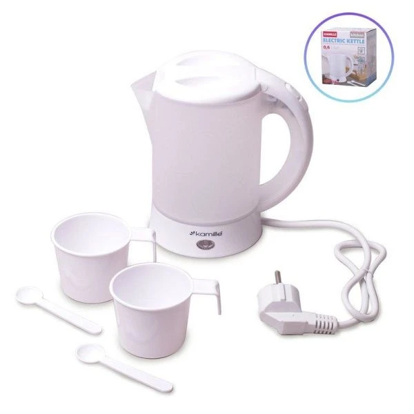 Чайник электрический 600мл пластик c 2 чашками и 2 ложками матовый белый, арт.1718A (24)
