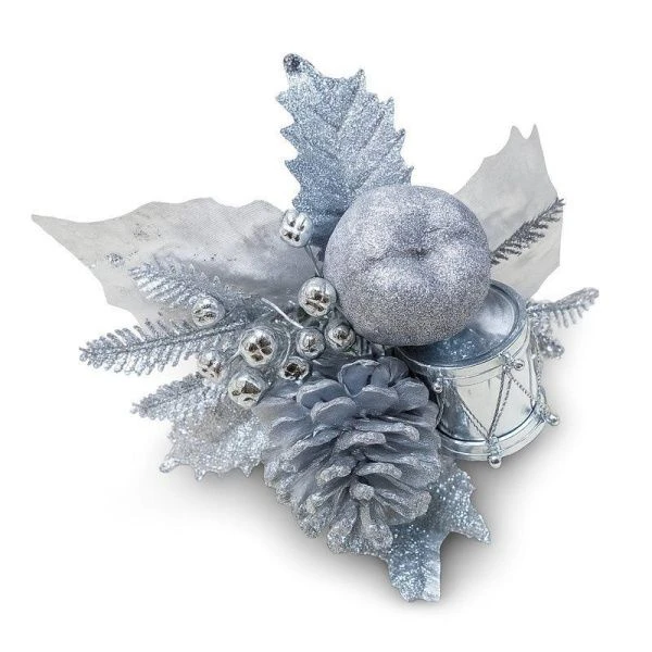 Украшение новогоднее Ветка 20*13см ПУАНСЕТТИЯ с яблоком серебро OSTVR024247/JC-16434 (288)