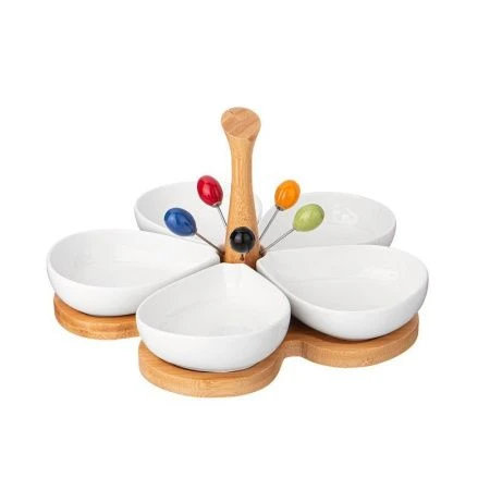 Менажница 5 секций 200мл фарфор Native на дер. подставке с дер. ручкой, 5 вилочек (8)