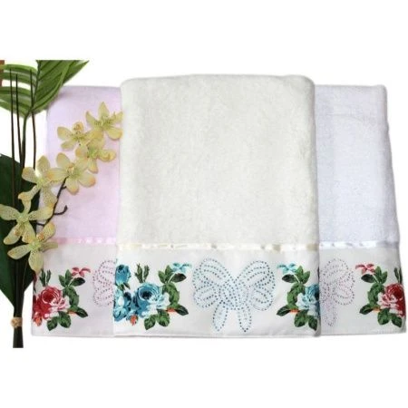 Полотенце махровое 45*90см с тканевой каймой и стразами Голубой и розовый хрусталь 41942