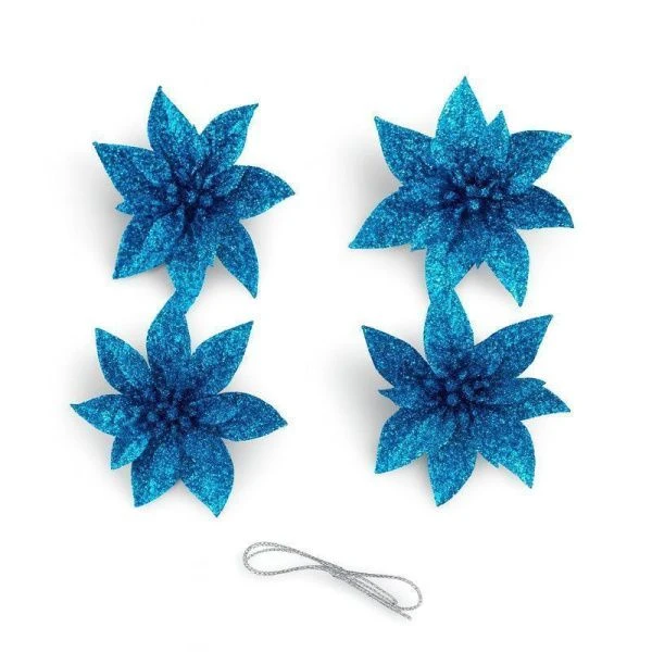 Игрушки новогодние на елку ПУАНСЕТТИЯ набор 4шт 6,5*6,5см синий OSHRIP-418/JC-16462 (1600)