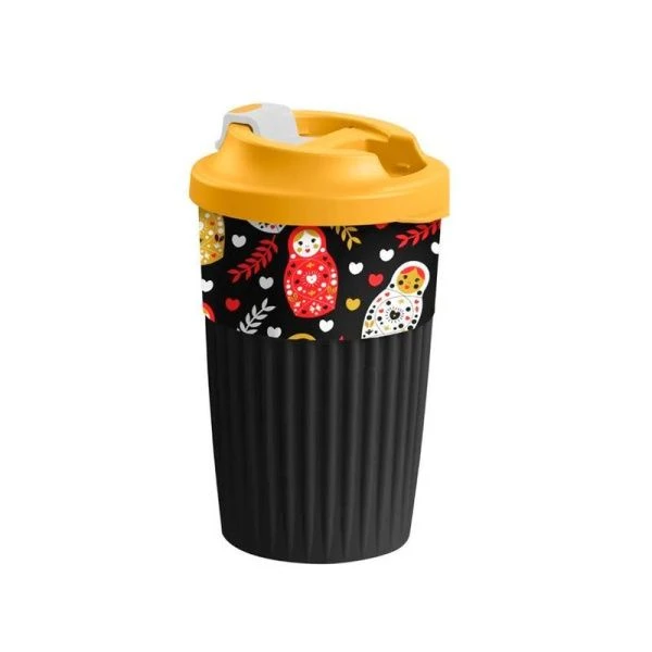 Термостакан 450мл пластик с клапаном с декором МАТРЕШКИ черный (10)