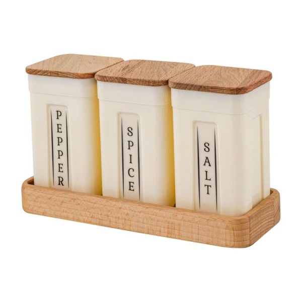 Набор для специй 3пр 200мл пластик Sugar&Spice Rosemary с дер. крышкой на дер. подставке (9)