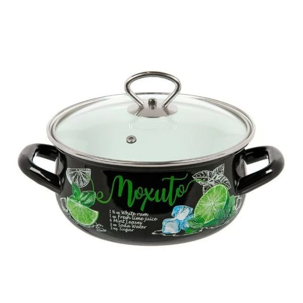 Кастрюля 2л эмаль МОХИТО со стекл.крышкой черная с рис. сферическая 61915-103/4.01-У (4)