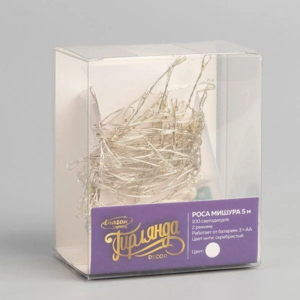 Гирлянда светодиодная Нить Роса 5м ААx3 (не в компл.), 2 режима, холодный белый свет