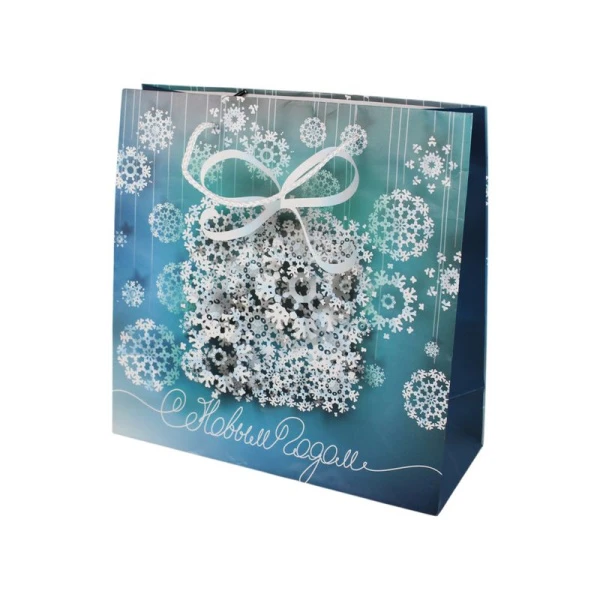 Пакет новогодний бумажный 27*27*11 Подарок из снежинок (12/144)