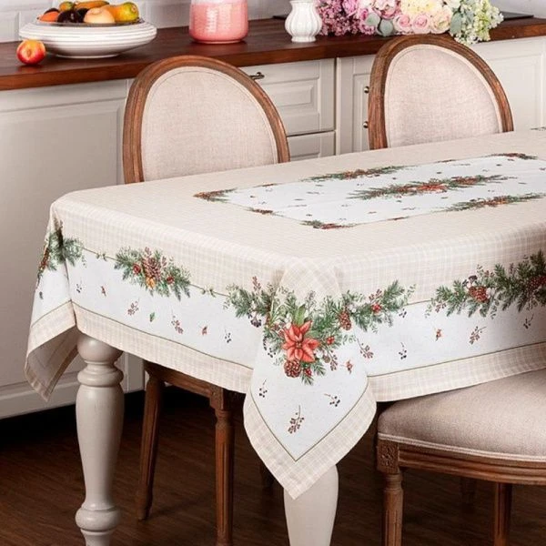 Скатерть новогодняя хлопок/твил 160*220см Celebration бежевый клетка