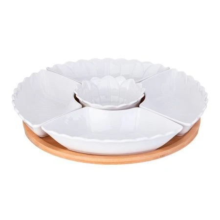 Менажница 5 секций 28см фарфор Native на дер.подставке (8)