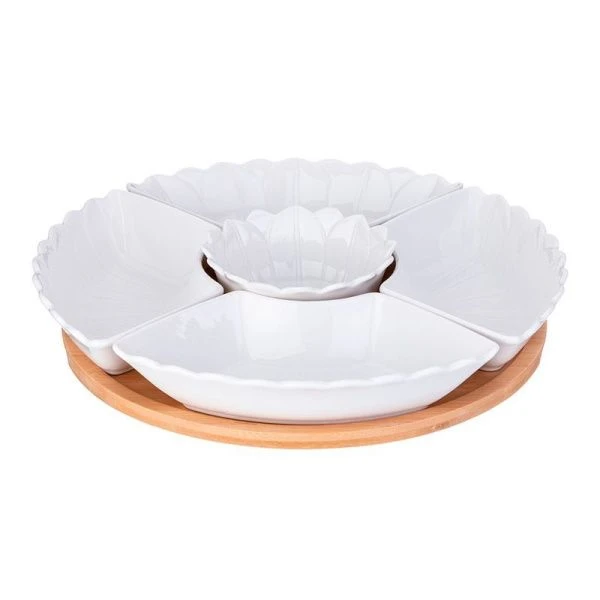 Менажница 5 секций 28см фарфор Native на дер.подставке (8)