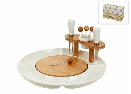 Набор для сыра 5пр NATUREL (менажница 30см, доска бамбук 17,5см., вилка 13см, нож)