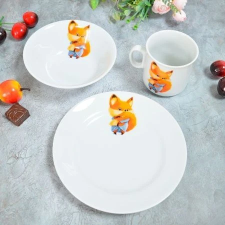 Набор детской посуды 3пр (мел. тарелка 175мм, салатник 360мл, кружка 200мл) фарфор КРОХА Лисичка Идиллия (10)
