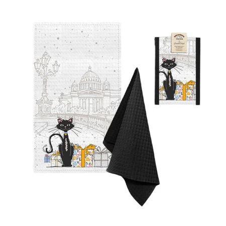 Полотенца кухонные набор 2шт 39*60/35*60см полулен+вафельное КОТ подарок шелкография