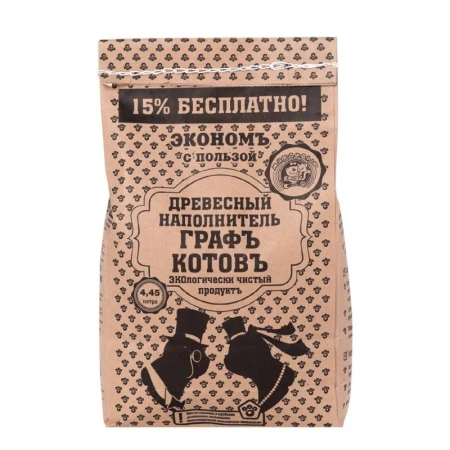 Наполнитель древесный для кошачьего туалета Графъ Котовъ 2кг (4,45л) крафт-пакет (5)